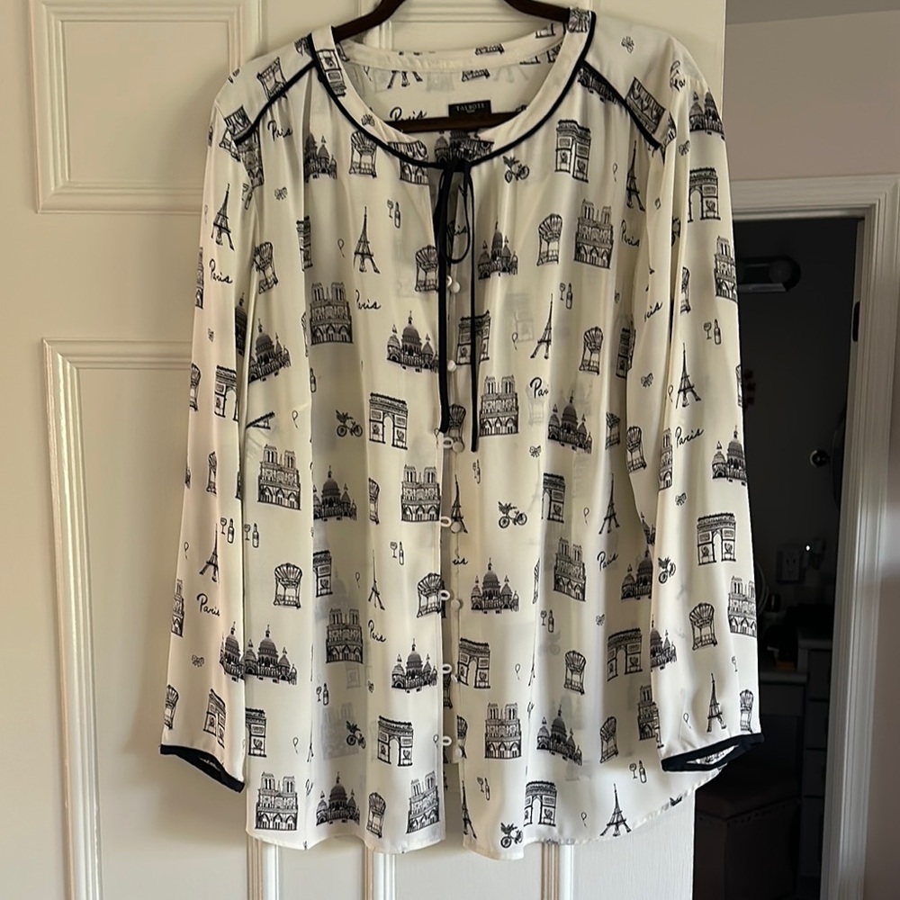 Cream Tie Front Blouse with Paris motif.